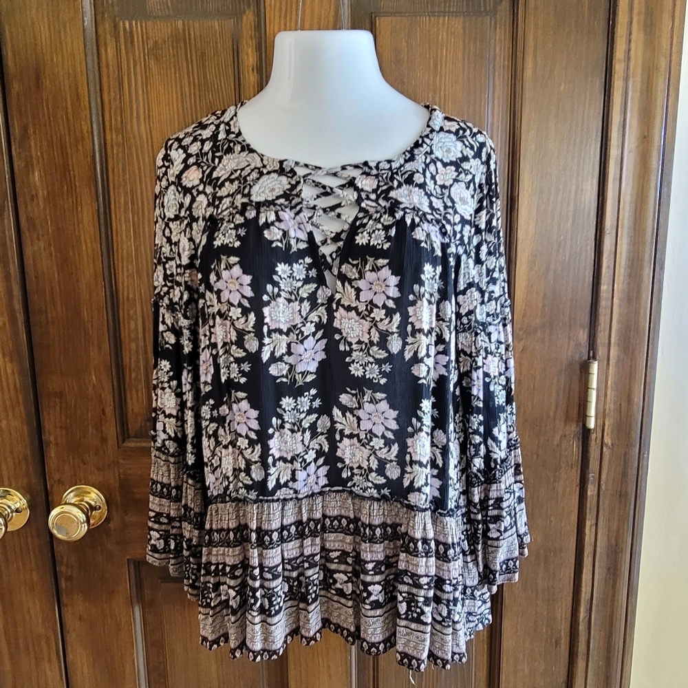 American Eagle Outfitters Sz S Tunic Black Purple Green Pink P2P 19 L 22